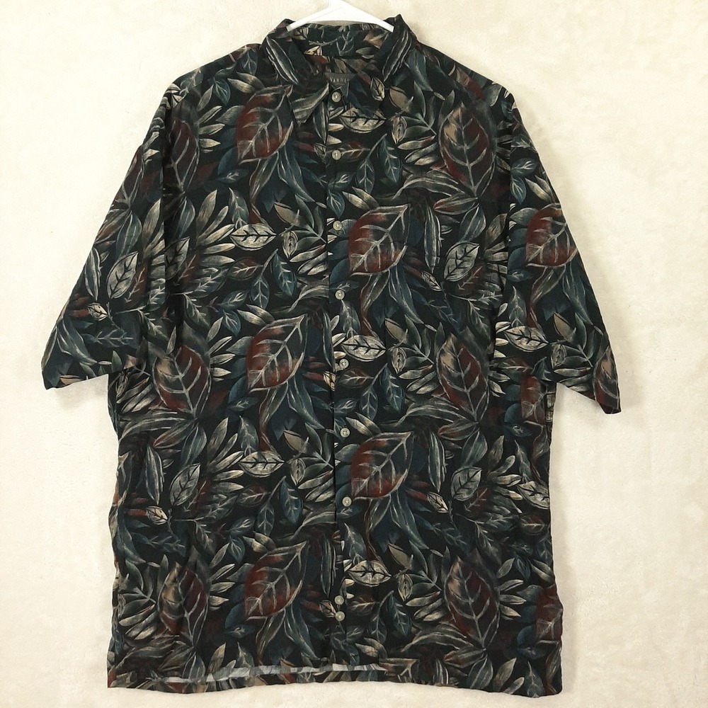 Van Heusen Mens Large Short Sleeve Rayon Button Down Leaf Print Tropical Shirt